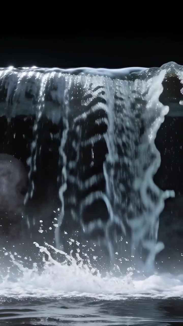 Video verticale: Acqua che si riversa formando nastri su una sporgenza, la gravità la tira giù colpendo una pozza e creando schiuma.