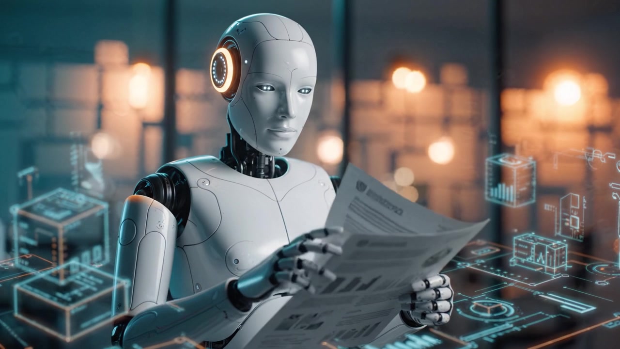 Un robot umanoide che analizza schede dati in un ambiente moderno e futuristico, mostrando intelligenza artificiale avanzata e comunicazioni visive basate sulla tecnologia.