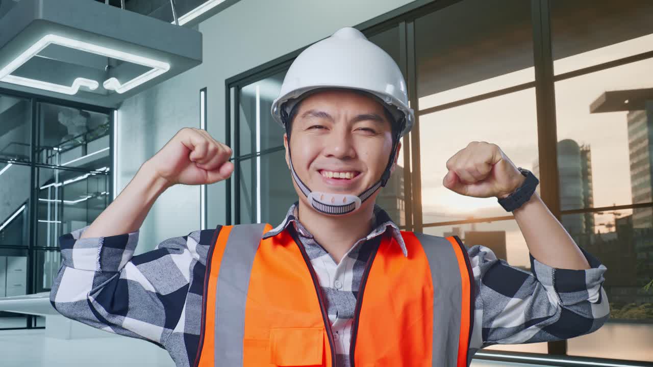 현대적 인 사무실 에서 성공 을 축하 하는 건설 노동자