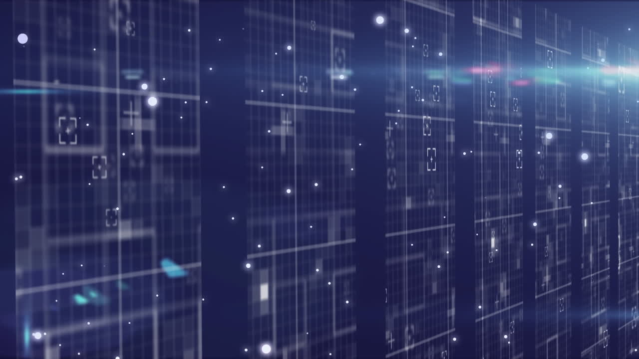 White particles moving against computer servers