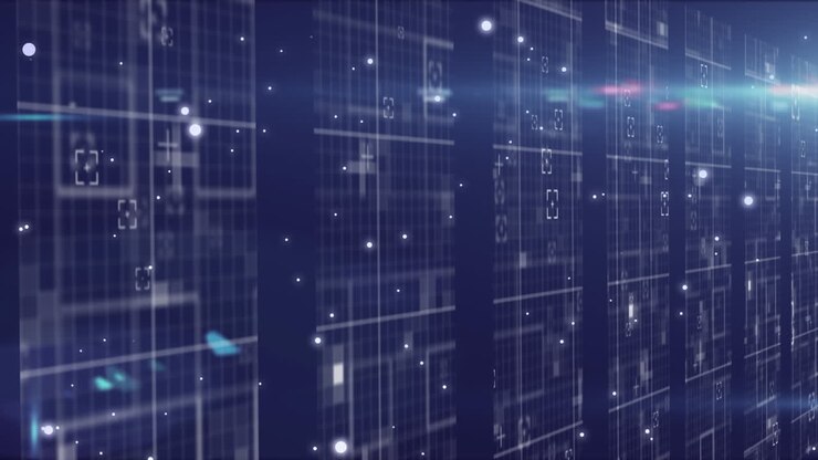 White particles moving against computer servers