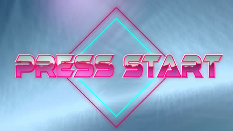 digital animation of press start text over neon squares against spots of light on blue background