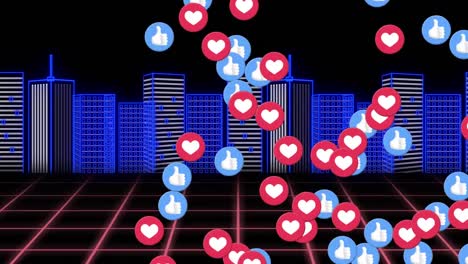 animation of social media hearts and thumbs up icons over cityscape