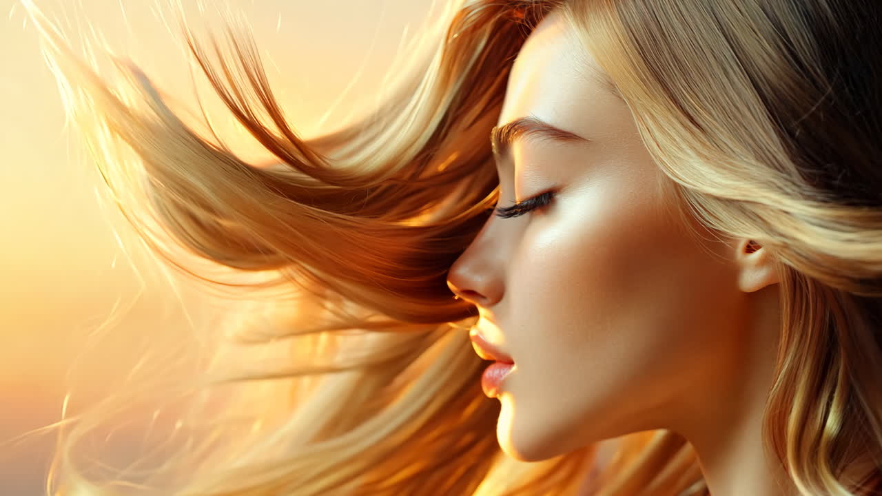 A woman with long blonde hair is shown in a close up. The hair is long and flowing, and the woman has a beautiful smile. Concept of confidence and happiness