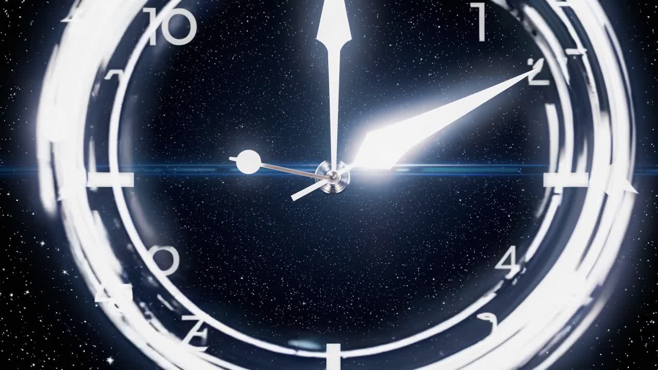 This captivating visual delves into the concept of time as a glowing clock illuminates a vast cosmic backdrop. The clock’s hands point to midnight, symbolizing the transition into a new day. Stars twinkle in the distance, creating a serene atmosphere that invites contemplation. The play of light a