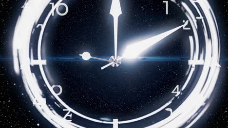 this captivating visual delves into the concept of time as a glowing clock illuminates a vast cosmic backdrop. the clock’s hands point to midnight, symbolizing the transition into a new day. stars twinkle in the distance, creating a serene atmosphere that invites contemplation. the play of light a