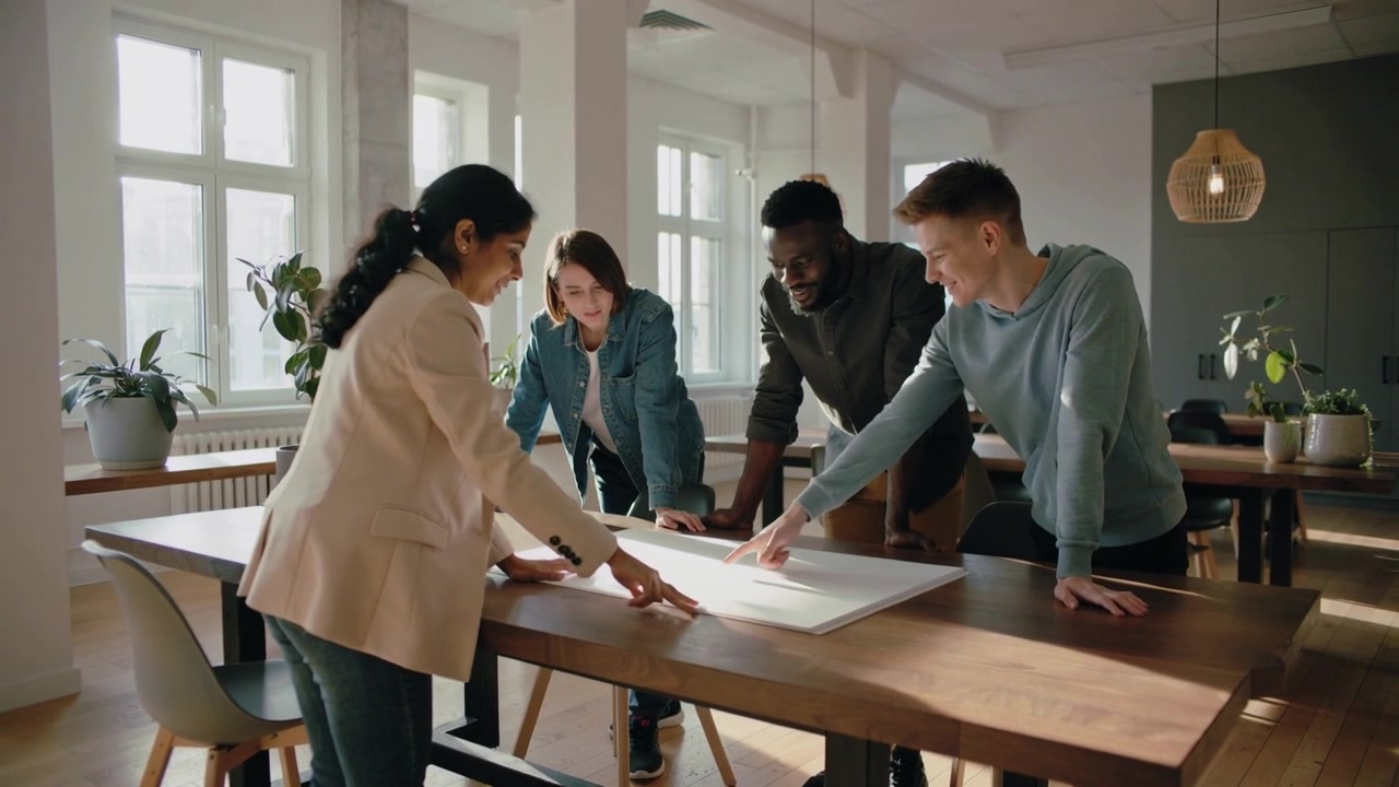 Pointing woman in beige blazer guiding team reviewing backlit plan in meeting room on wooden table