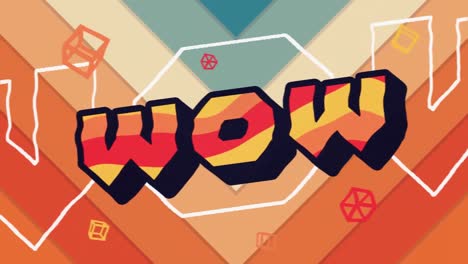 animación digital de texto wow y formas abstractas contra un triángulo concéntrico sobre fondo naranja