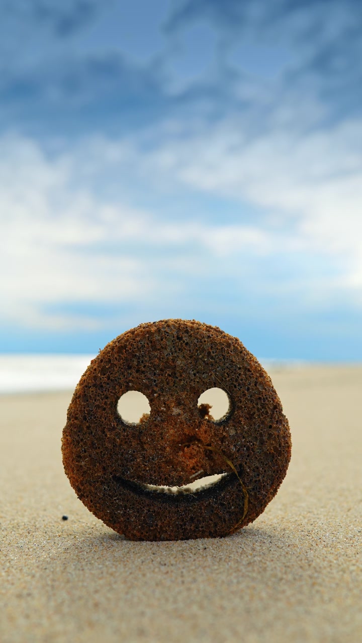 Spugna per la pulizia con faccina sorridente su una spiaggia sabbiosa. Spugna per la pulizia circolare con un intaglio a forma di faccina sorridente sulla sabbia con sfondo sfocato dell'oceano