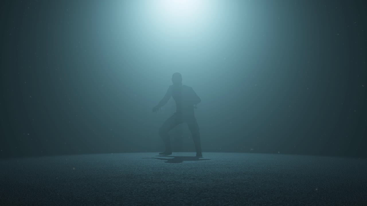 personaje ninja shinobi de pie listo dentro de un espacio oscuro, con luz volumétrica detrás de él y partículas de polvo flotando, animación 3d, vista frontal, cámara zoom lentamente