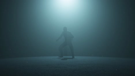 Ninja-Shinobi-Figur-Steht-Bereit-In-Einem-Dunklen-Raum,-Mit-Volumetrischem-Licht-Hinter-Ihm-Und-Schwebenden-Staubpartikeln,-3D-Animation,-Vorderansicht,-Kamera-Zoomt-Langsam