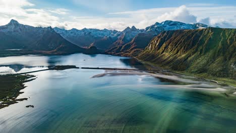 Aerial-view-of-the-beautiful-lagoon-with-a-sandy-bottom-and-turquoise-transparent-waters