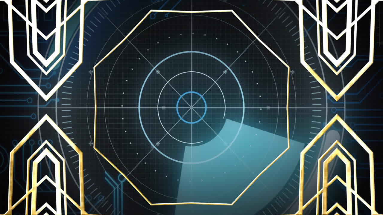 기하학적 패턴과 파란색 하이라이트를 가진 레이더 스캔, 진행 중인 애니메이션