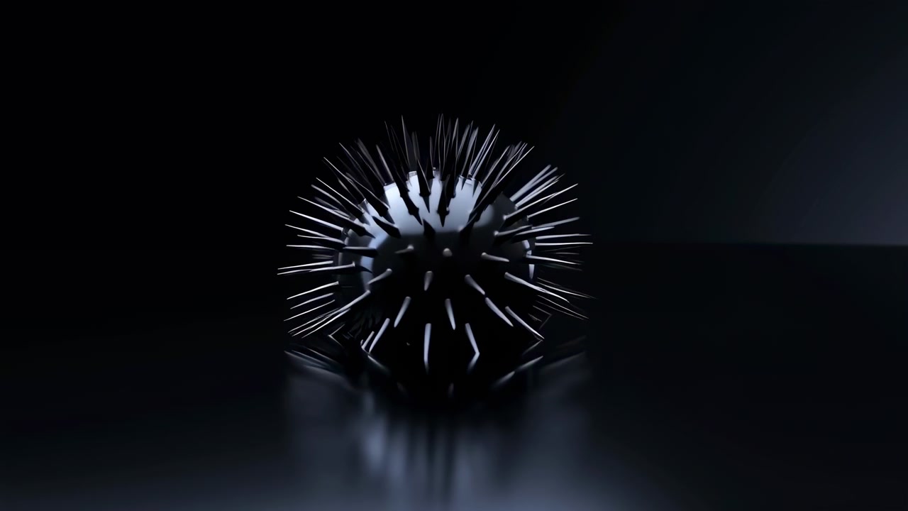 Smooth glossy droplet expands into spiked metallic orb on reflective black tabletop, creating dark moody studio scene with centered symmetry, sharp texture, polished surfaces, dramatic contrast, and