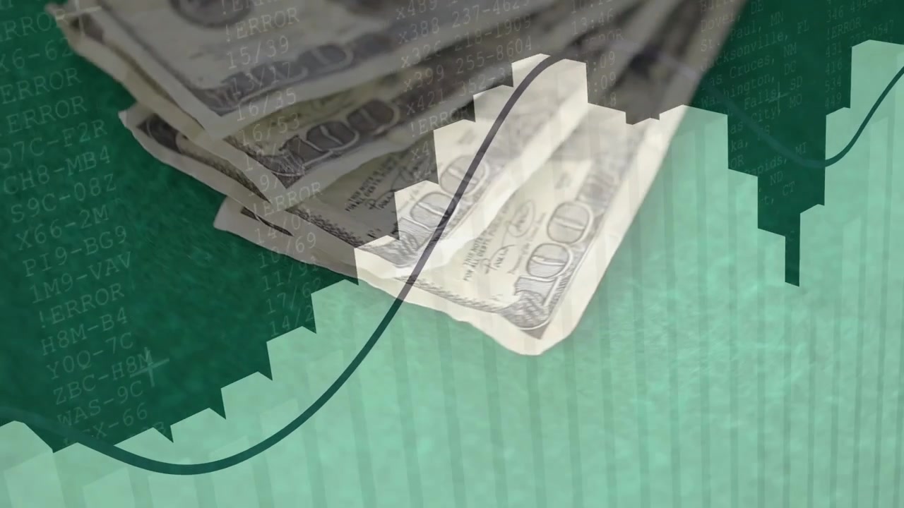 Turkis diagram vises, USD 100-sedler roterer, søjler svinger og trendlinje stiger for at vise markedet