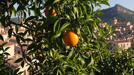 orange tree with spanish village in background