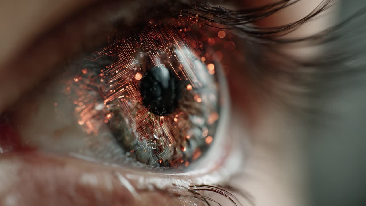 Captivating Close-Up of an Eye with Intricate Circuit Patterns Reflecting a Blend of Technology and Humanity in Stunning Detail