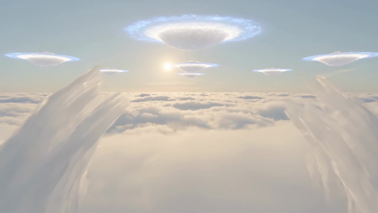 Parting cloud hands revealing horizon light, low sun backlighting high clouds three rings hovering