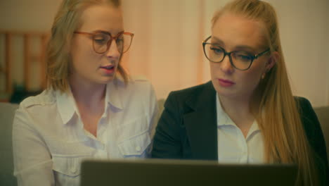 two colleagues work on laptop discussing business project