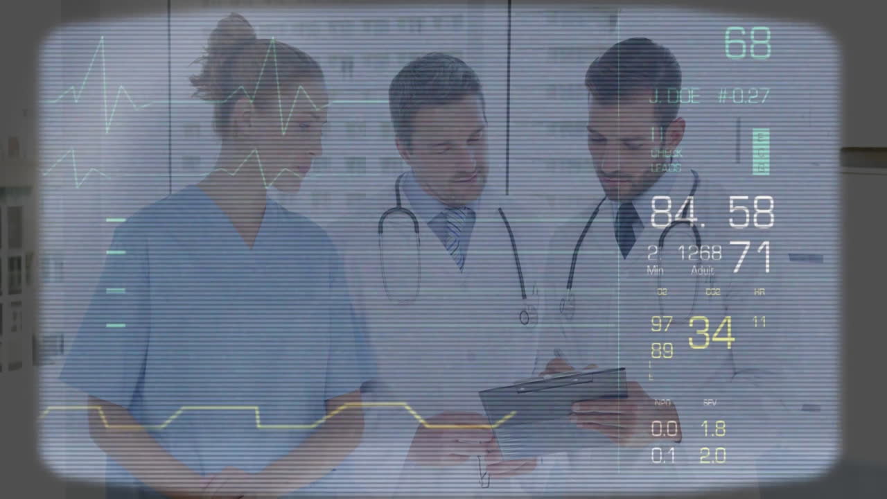 Processing medical data animation, doctors discussing patient information on tablet