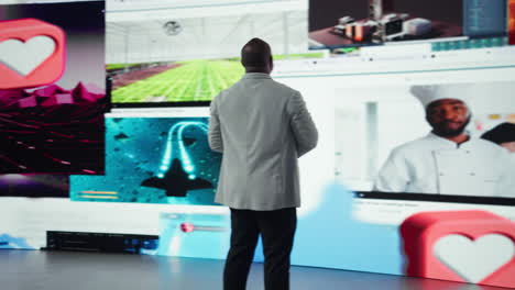 vertical video man entering world of online media, enjoying access to digital platform