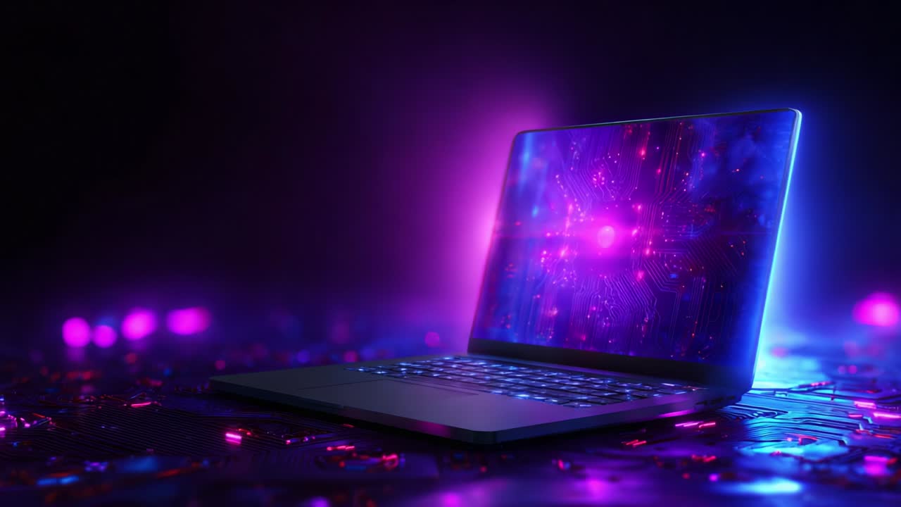 A Futuristic Computer Displaying Complex Circuit Patterns, with Neon Lights and Artistic Design Elements, Set Against a Dark Background, Capturing the Essence of Modern Technology and Innovation