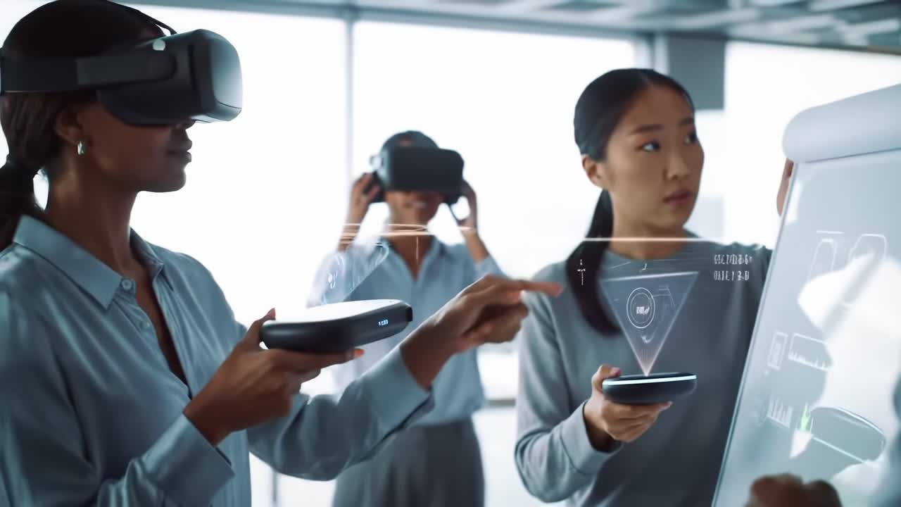 Virtual Reality Collaboration: Professionals Engaged in Interactive Technology Demonstration with VR Headsets and Smart Devices in a Modern Workspace