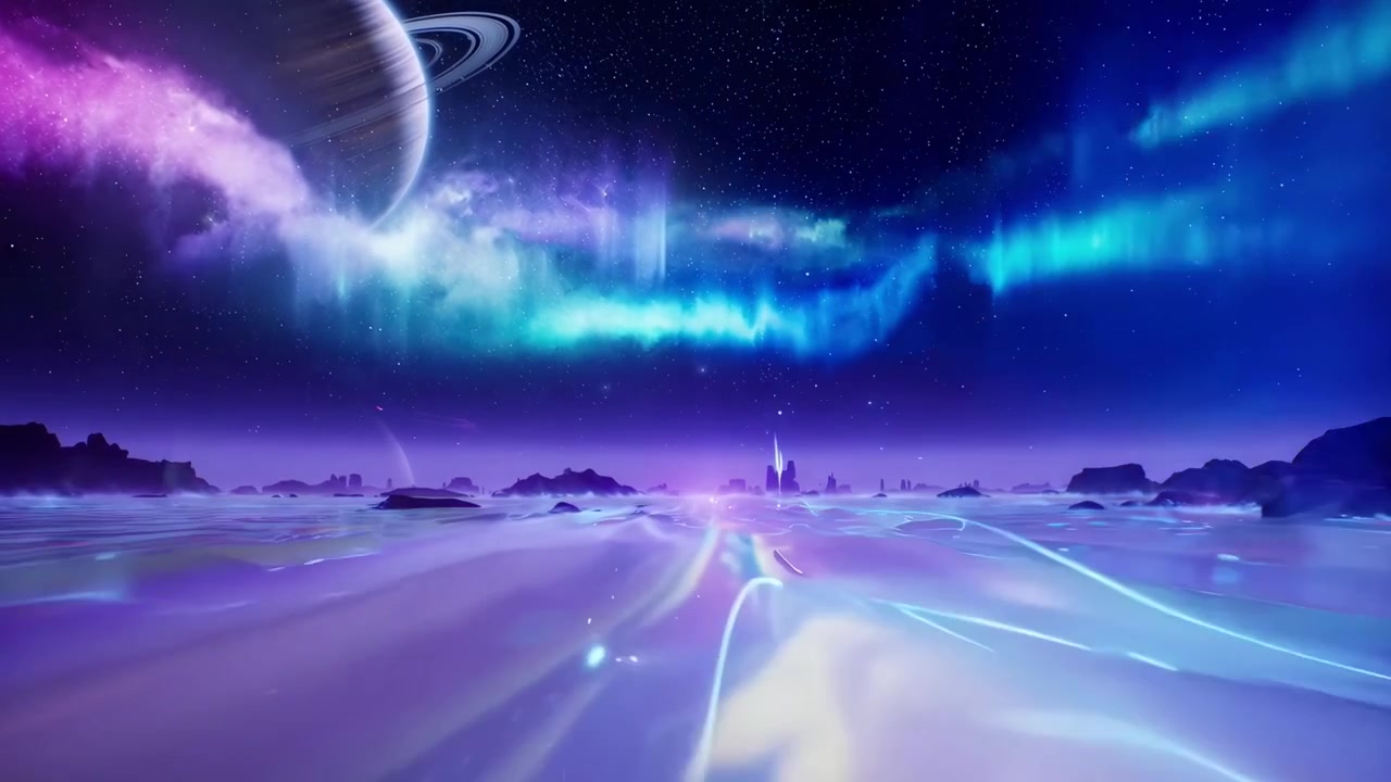 Surreal Alien Landscape with Glowing Energy Beams and Aurora Borealis
