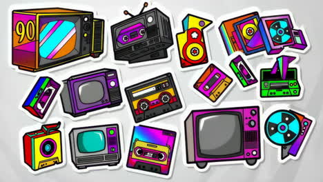 vibrant 90s retro electronics and cassette tapes pop art stickers