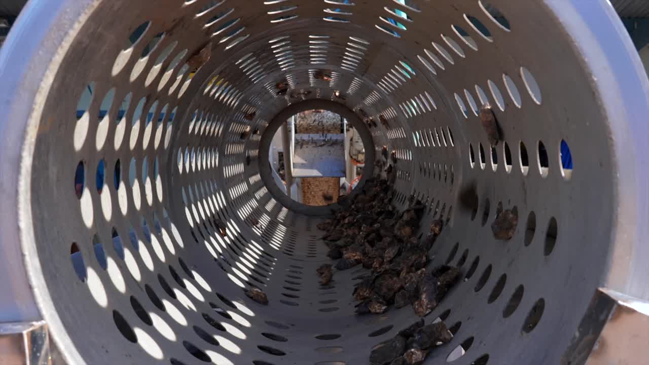 Inside the spinning sorting machine that separates Sydney Rock Oysters, New South Wales, Australia