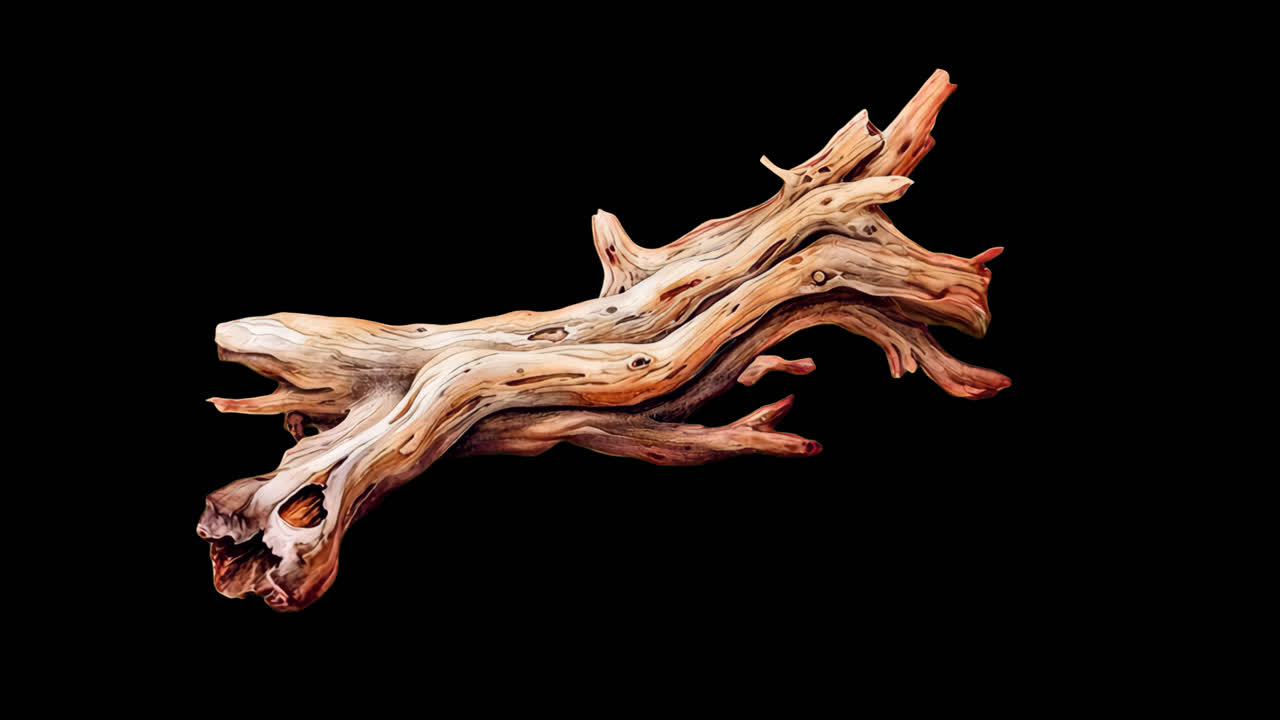 Natural driftwood animation isolated asset, transparent 4K video, alpha channel, ProRes 4444