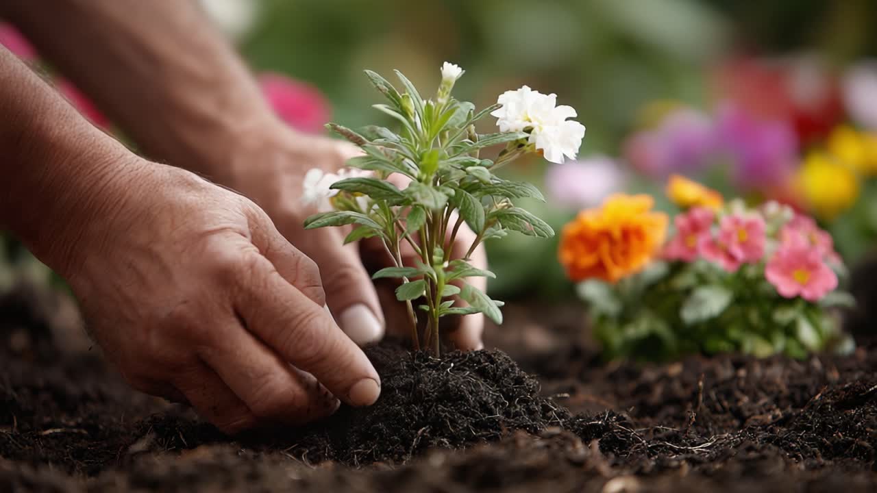 Främjar tillväxt: En passionerad trädgårdsmästare planterar blommor i näringsrik jord för ett livfullt och färggrant landskap fyllt med glädje och naturlig skönhet.