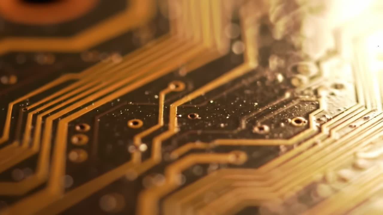 Close-Up View of an Electronic Circuit Board with Intricate Patterns and Gold-Plated Components Reflecting Light, Showcasing Advanced Technology and Design