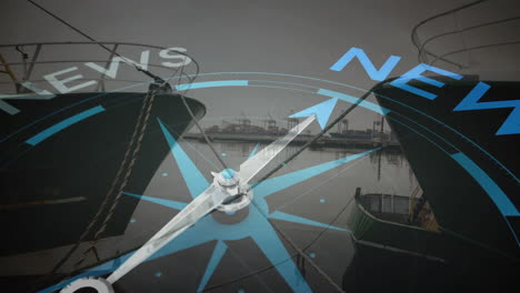 animation of compass with news tex over shipyard