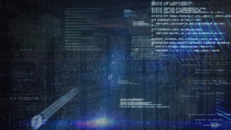 Animation of data processing over columns with computer circuit board