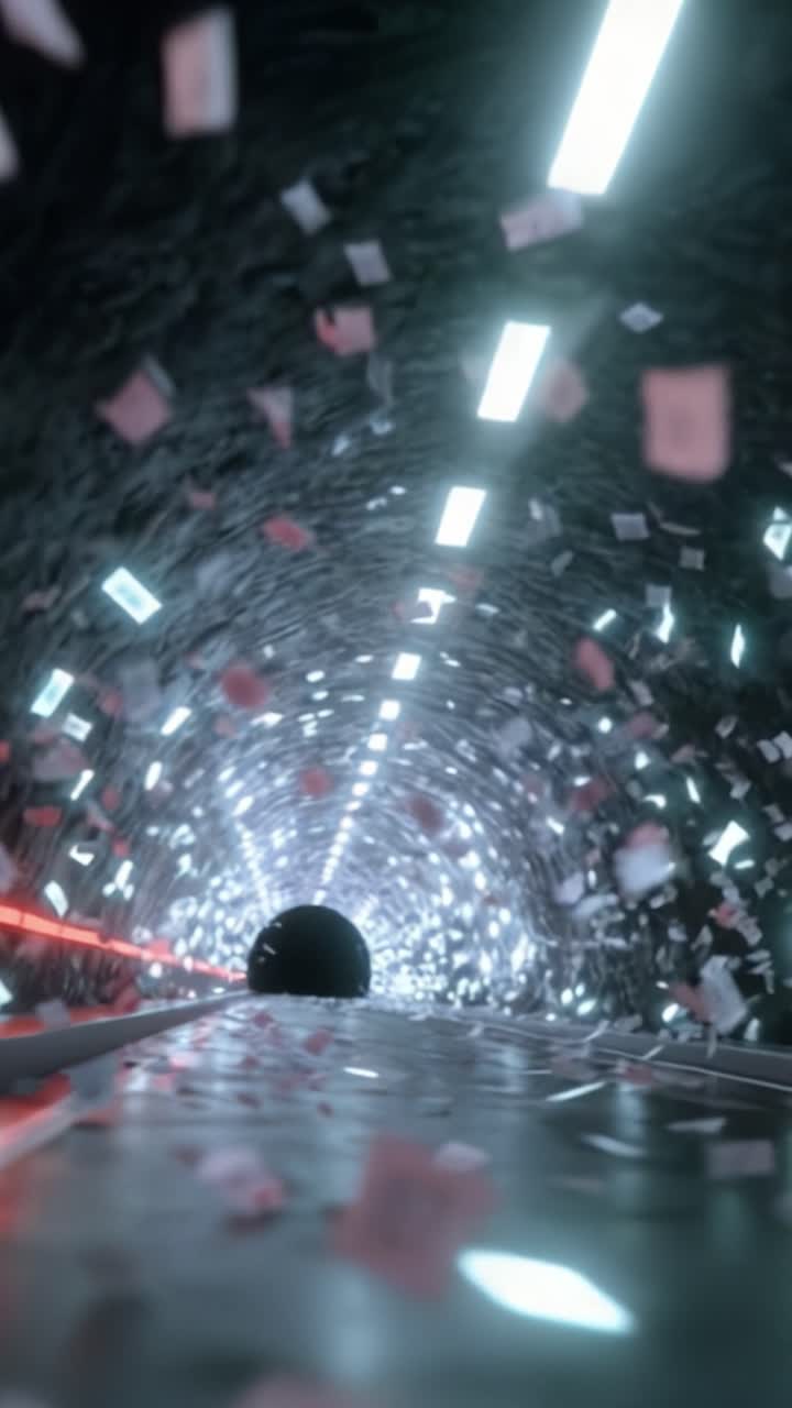 A Cinematic Journey Through a Dynamic Tunnel Filled with Floating Papers and Illuminated by Vibrant Lights, Evoking a Sense of Movement and Mystery