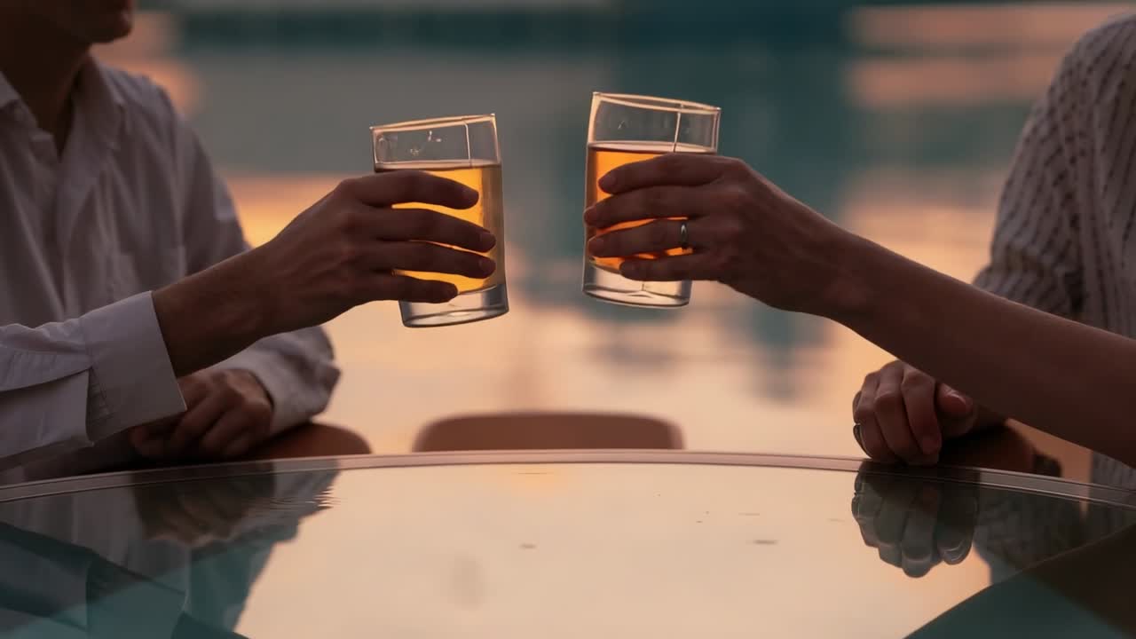 Toasting couple in stripes clinking glasses as hands entering glass table pool sunset, ring visible