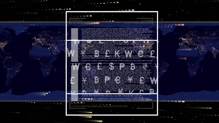 Animation of currency symbols and data processing over black background