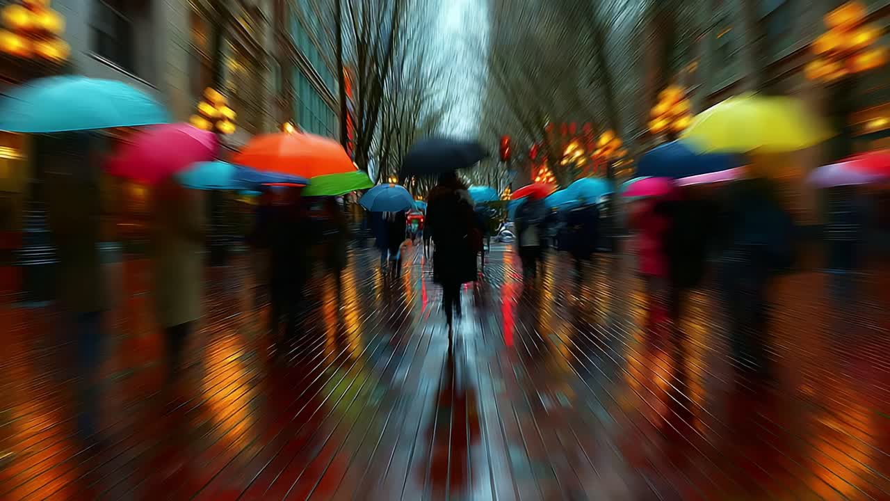 A vibrant scene of pedestrians with colorful umbrellas navigating a rain-soaked urban street, creating a lively atmosphere with reflections on the pavement and muted background details