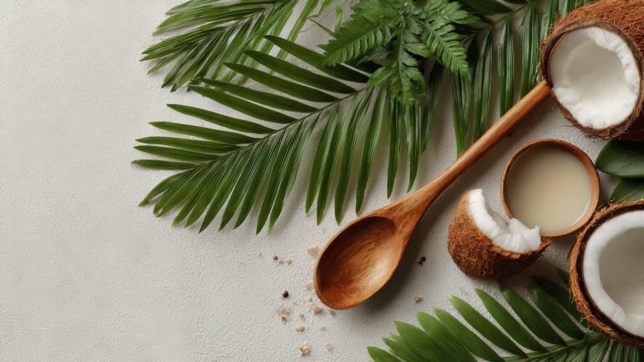 A Tropical Still Life Featuring Fresh Coconut Halves, Cream, and Natural Greenery on a Light Background, Celebrating Organic Ingredients and Culinary Inspiration