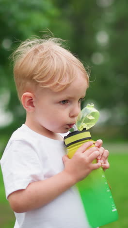 a little boy drinks from a bright green water bottle while outdoors, with a lush green background, his expression is focused as he holds the bottle