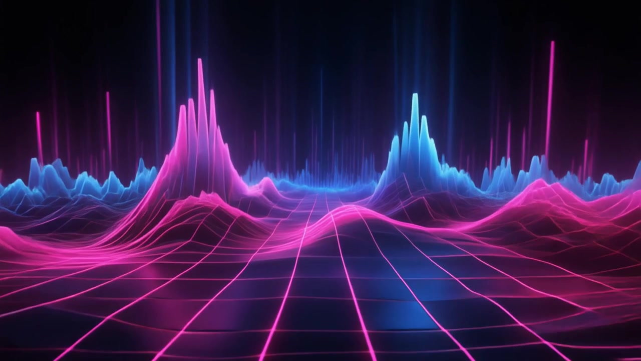 Abstract Neon Digital Landscape with Pulsing Audio Waveforms