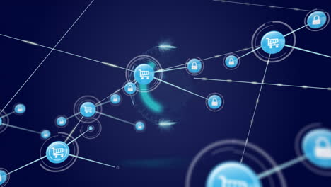 digital shopping cart and security locks animation over network connections