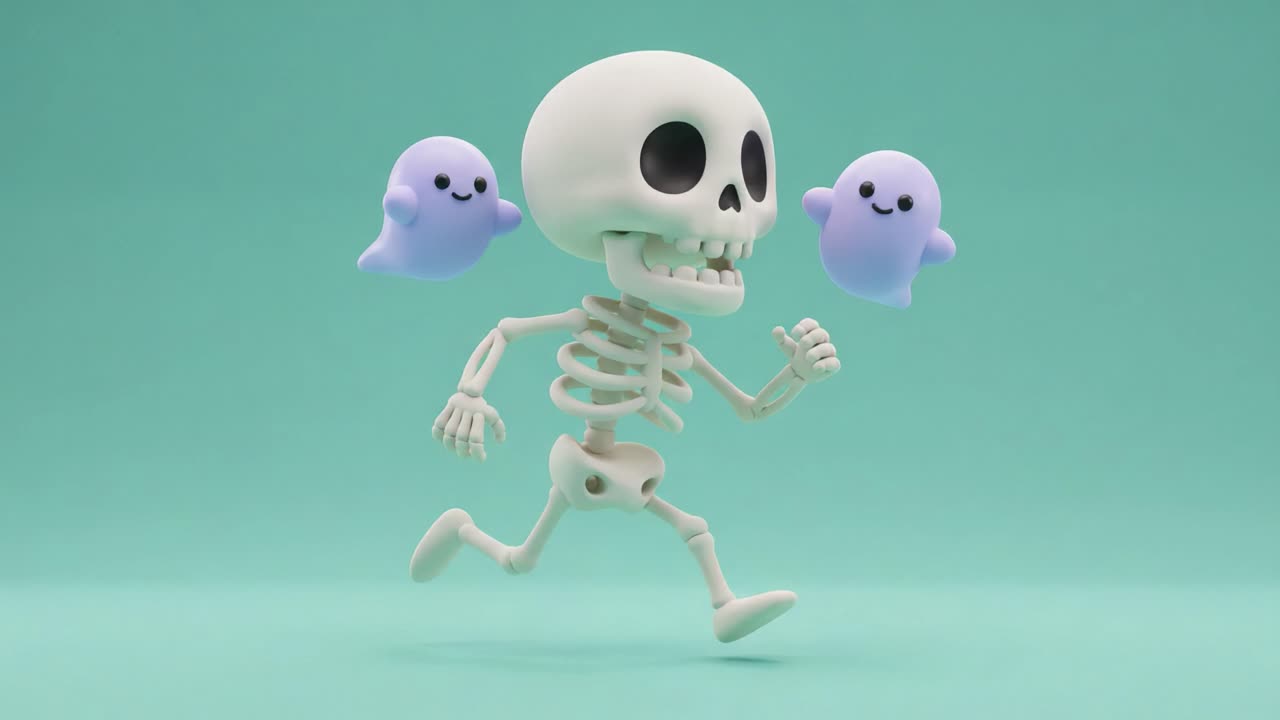 A playful skeleton energetically runs, accompanied by cheerful, floating ghostly figures, creating a whimsical and spirited atmosphere filled with fun and lightheartedness
