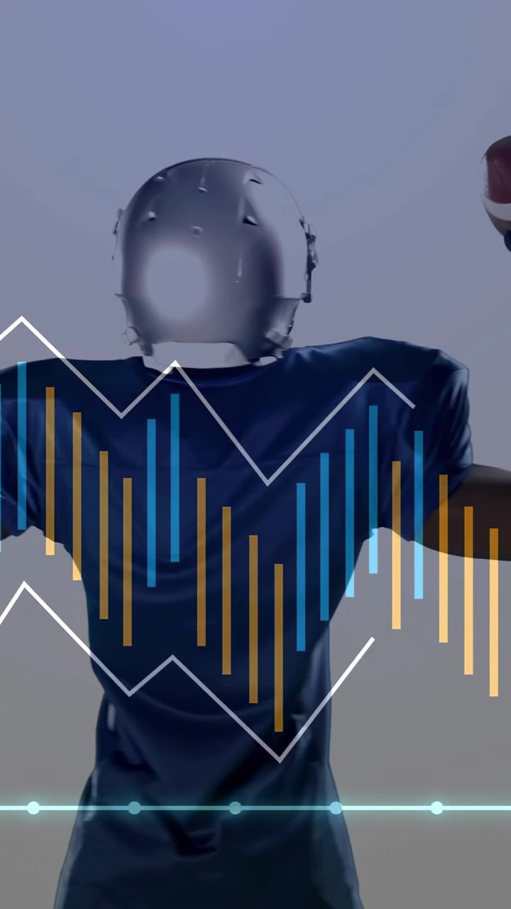 Video verticale: Giocatore di football americano che reagisce a una linea HUD, spostando e tirando le protezioni mentre le barre si sincronizzano.
