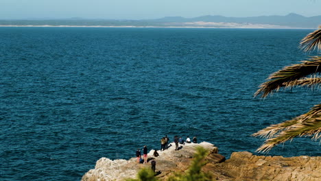 spectators whale watching from rocky shoreline in hermanus