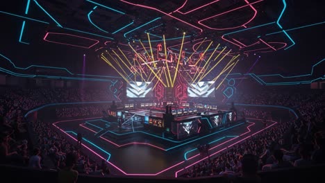 spectacular gaming arena showcase with vibrant lights and engaged audience, highlighting competitive esports event atmosphere and digital entertainment experience