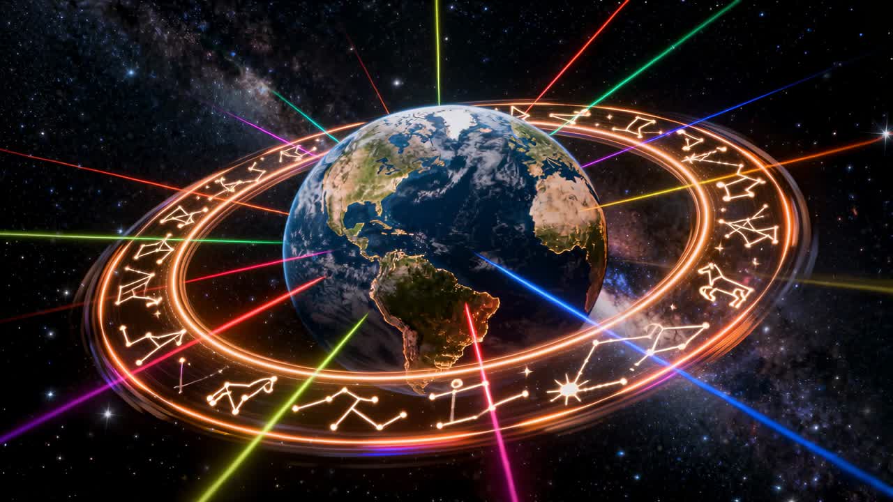 Playback starting, zodiac ring orbiting Earth while beams shifting across stars, showing symbols