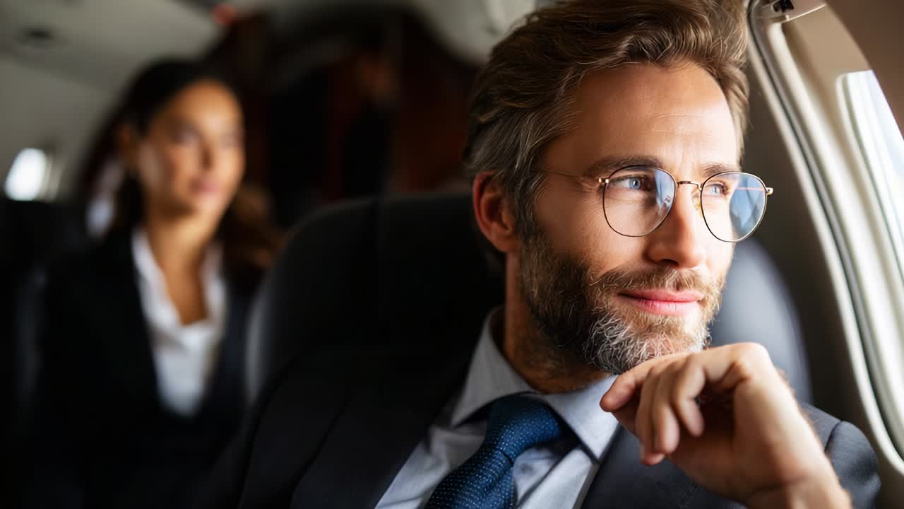 In questo affascinante percorso aziendale, un uomo ben vestito con occhiali e una barba distinta riflette pensieroso mentre è seduto su un jet privato, con una donna sofisticata seduta silenziosamente dietro di lui, incarnando eleganza e ambizione