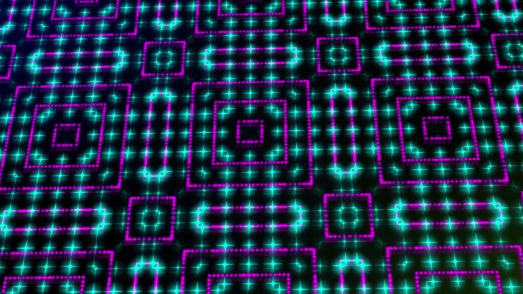 Animated illustration light shinning pink and blue dots and stars square shapes.